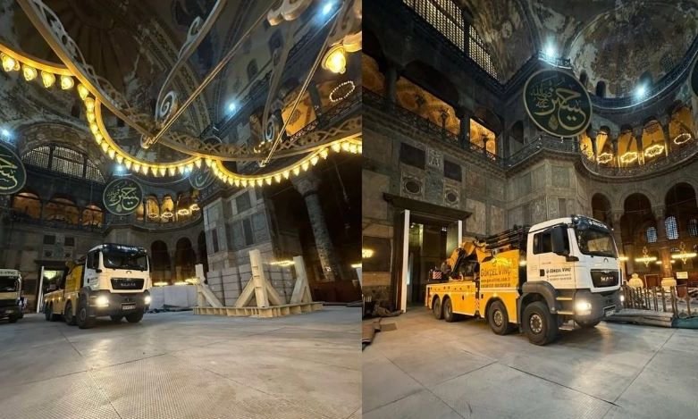 Γερανοί και φορτηγά... μέσα στην Αγία Σοφία: Εικόνες που προκαλούν ντροπή και ερωτήματα