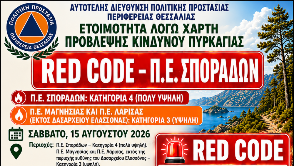 RED CODE για το Σάββατο 15 Αυγούστου στις Σποράδες | Σε ετοιμότητα Περιφέρεια και Δήμοι