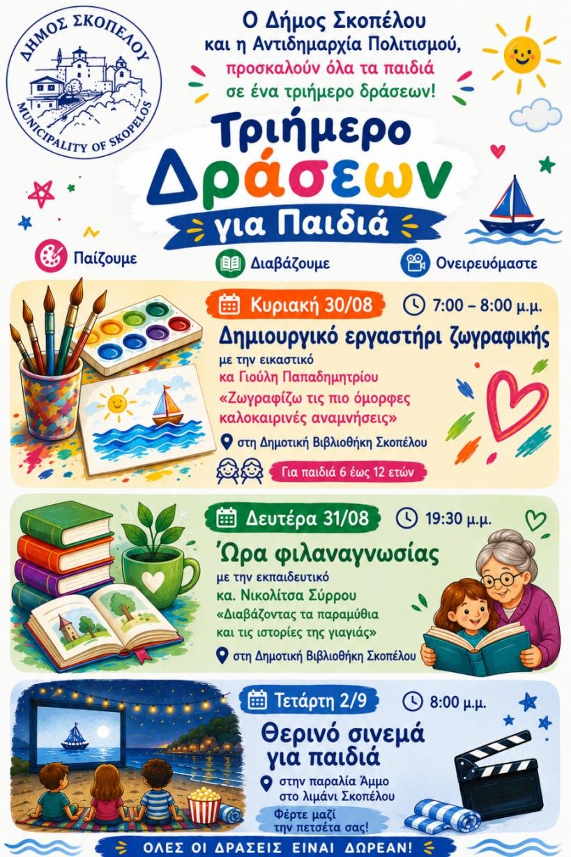 Σκόπελο: Τριήμερο δράσεων για παιδιά με ζωγραφική, παραμύθια και θερινό σινεμά